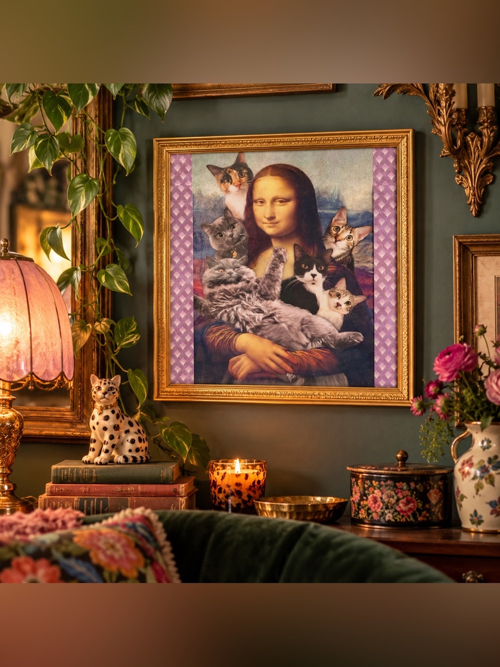 Cat Lady Mona Lisa Canvas Print Wall Art Gold Framed Silly Quirky Classic